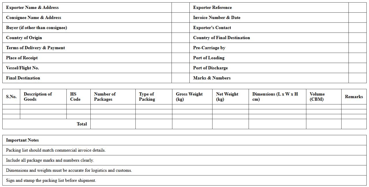 Export Packing List Excel Sheet Template
