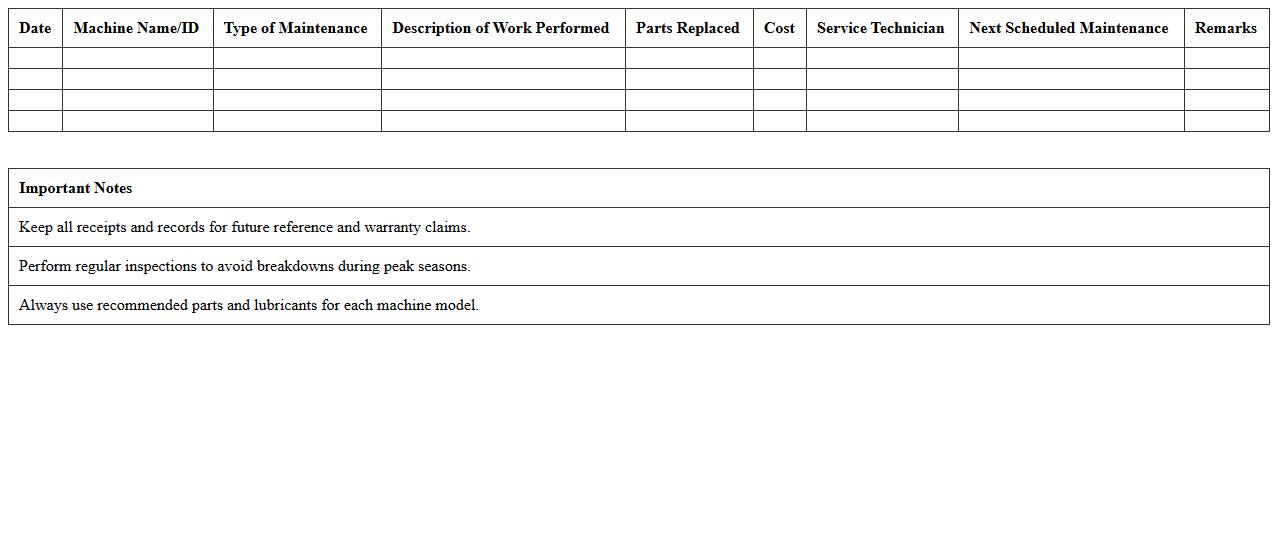 Farm Machinery Maintenance Log Excel
