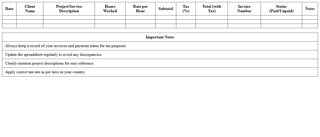 Freelance Services Billing Spreadsheet