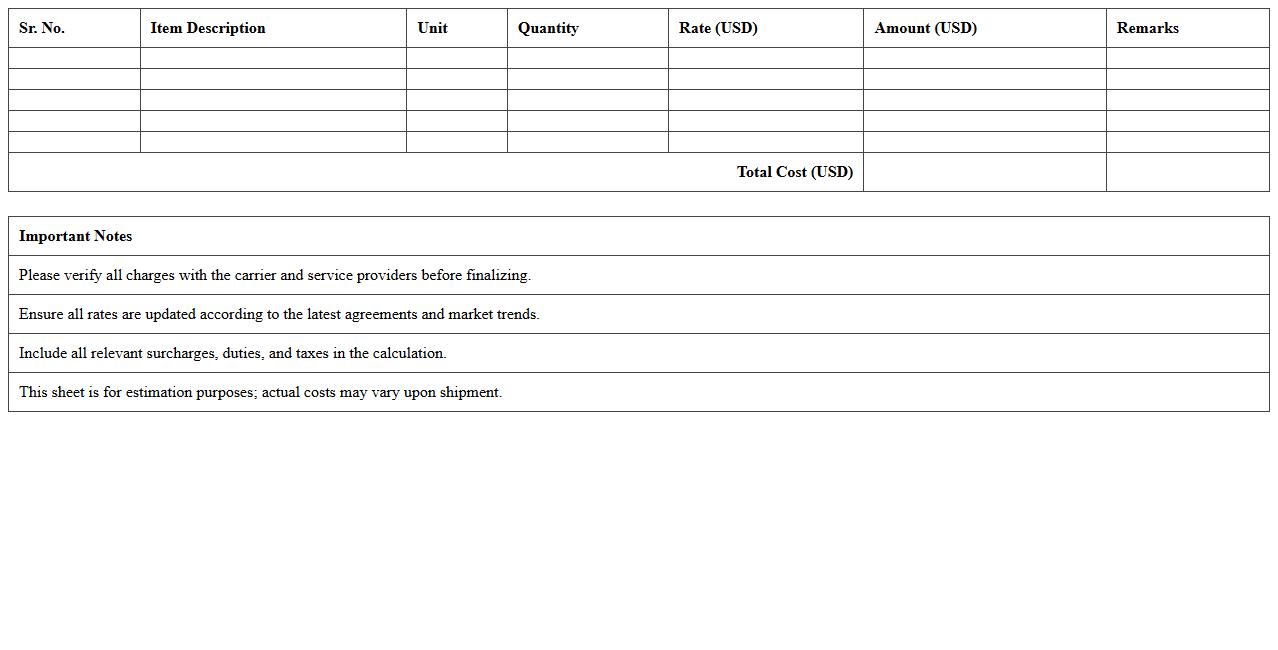 Freight Cost Calculation Sheet for Export Logistics