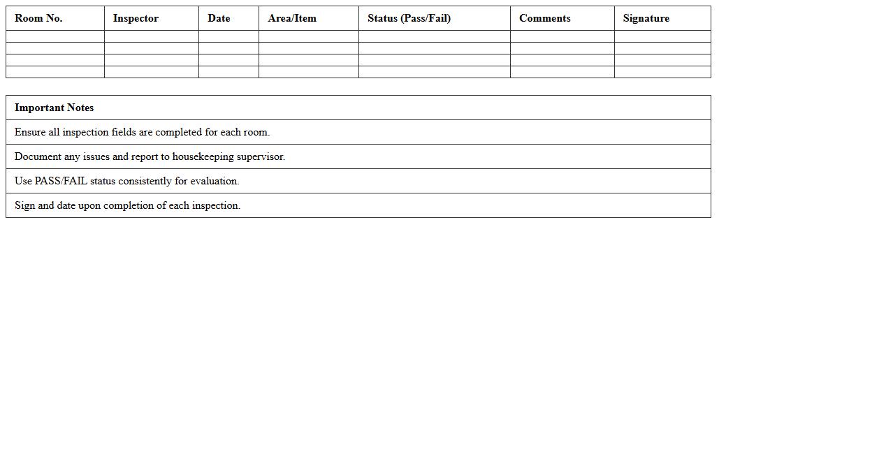 Guest Room Inspection Checklist Excel Template