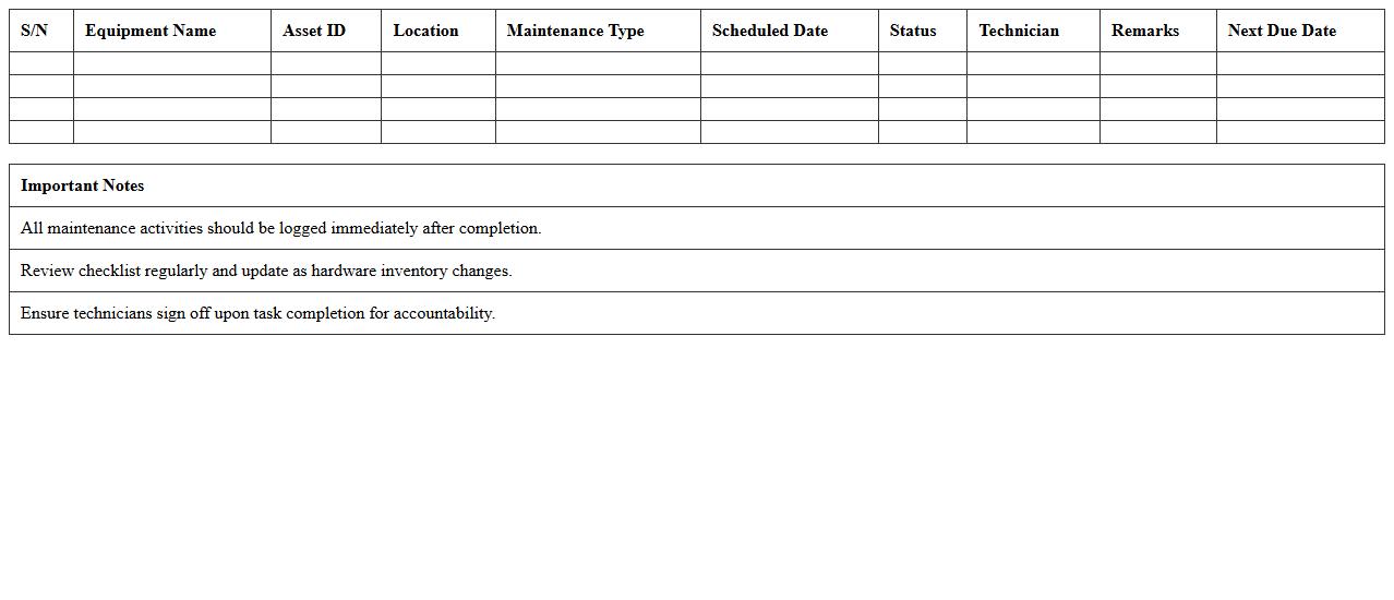 Hardware Maintenance Checklist Master Excel