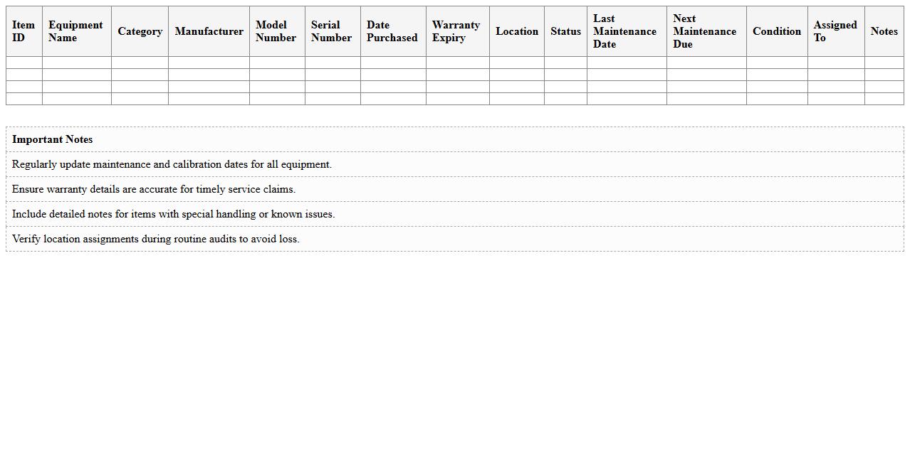 Healthcare Equipment Inventory Log Excel