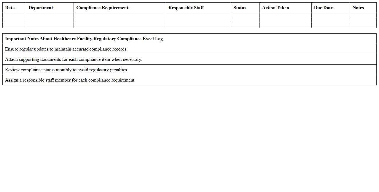 Healthcare Facility Regulatory Compliance Excel Log