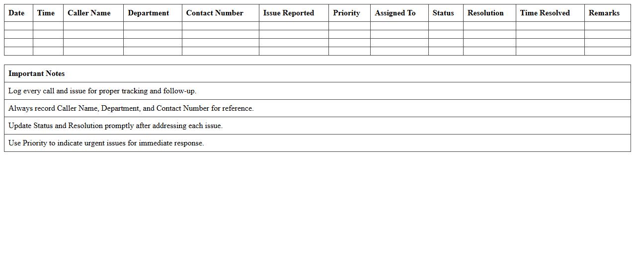 Help Desk Call and Issue Log Excel Sheet