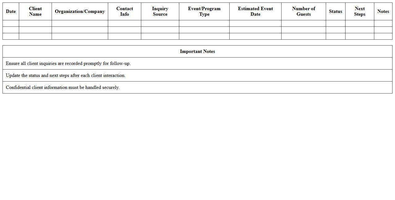 Hospitality Client Group Inquiry Pipeline Worksheet