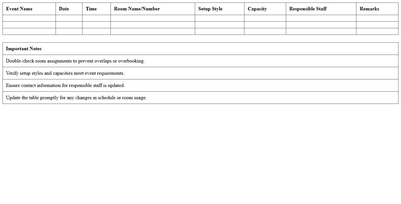 Hospitality Function Room Assignment Template