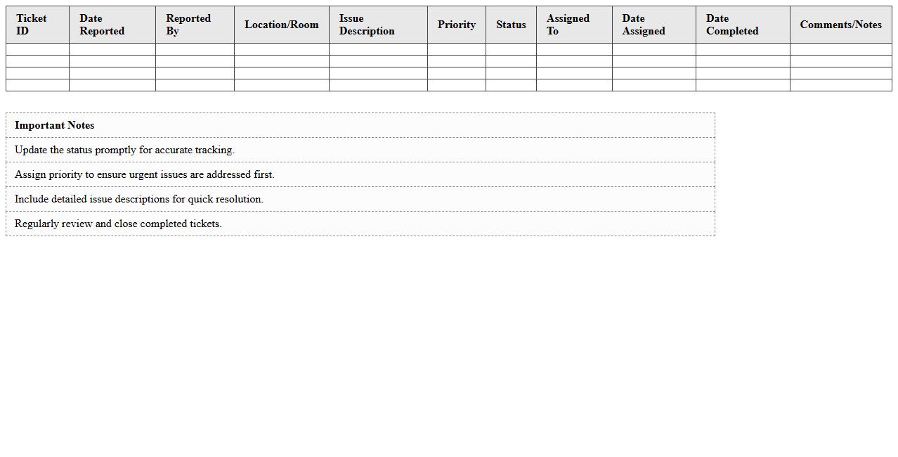 Hospitality Maintenance Ticketing Log Excel Template