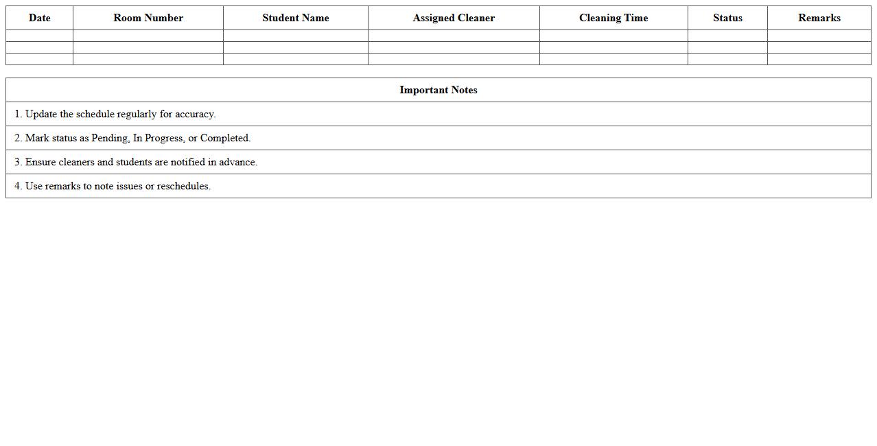 Hostel Room Cleaning Schedule Excel Template