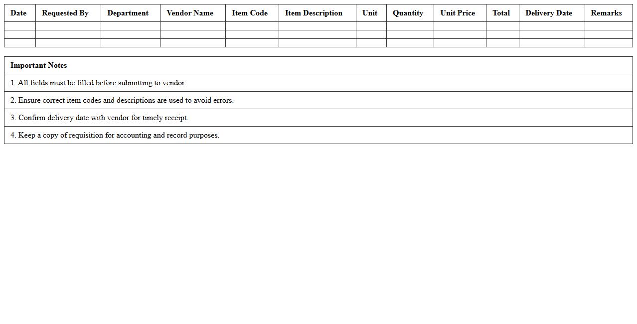 Hotel F&B Vendor Order Requisition Template