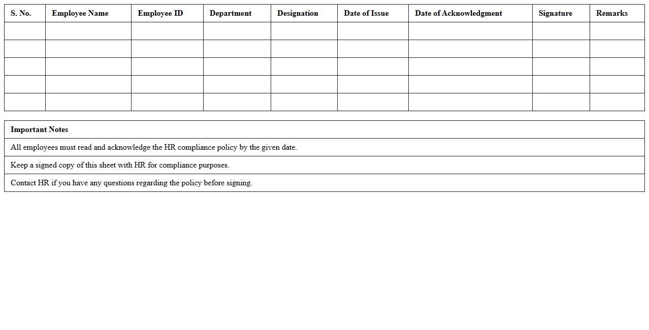 HR Compliance Policy Acknowledgment Sheet