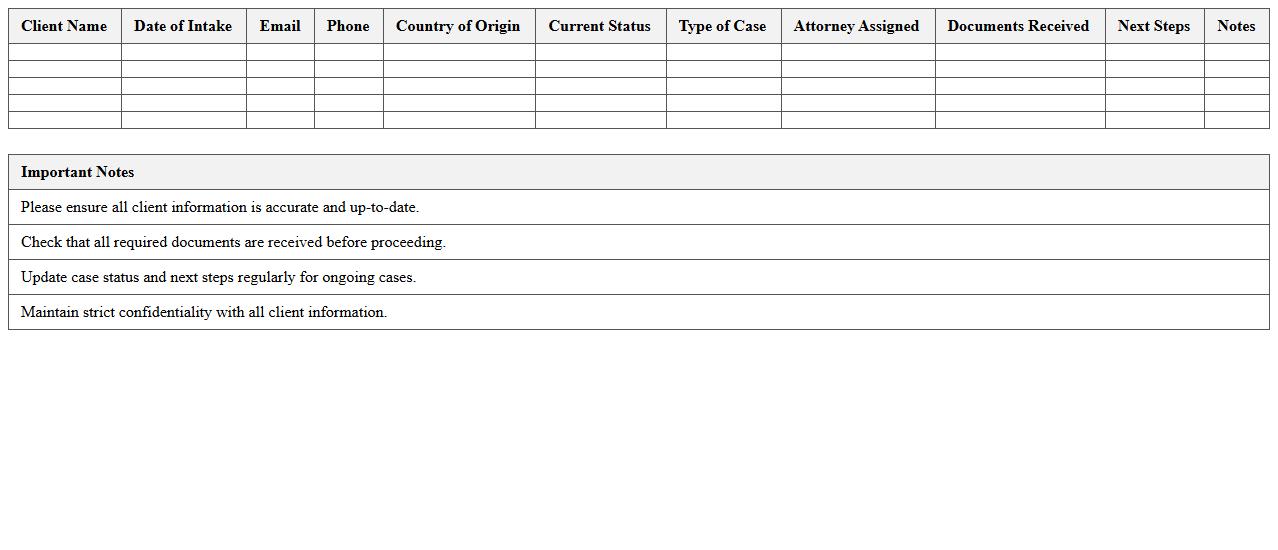 Immigration Law Client Intake Excel Template
