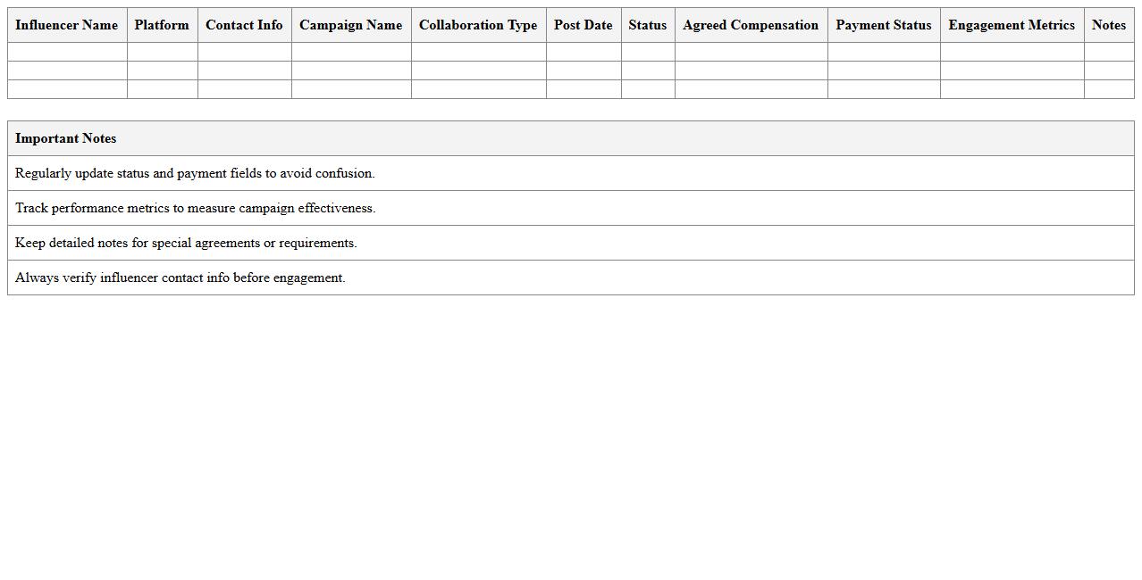 Influencer Collaboration Tracker Excel