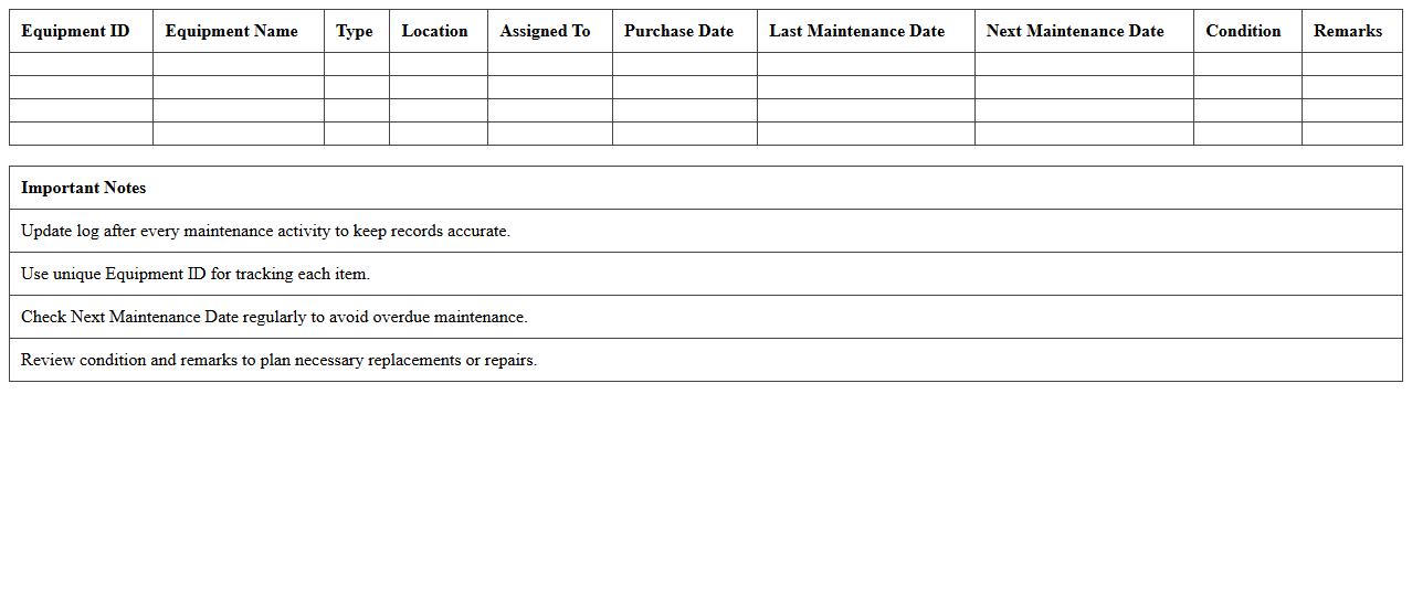 IT Equipment Maintenance Log Excel Template
