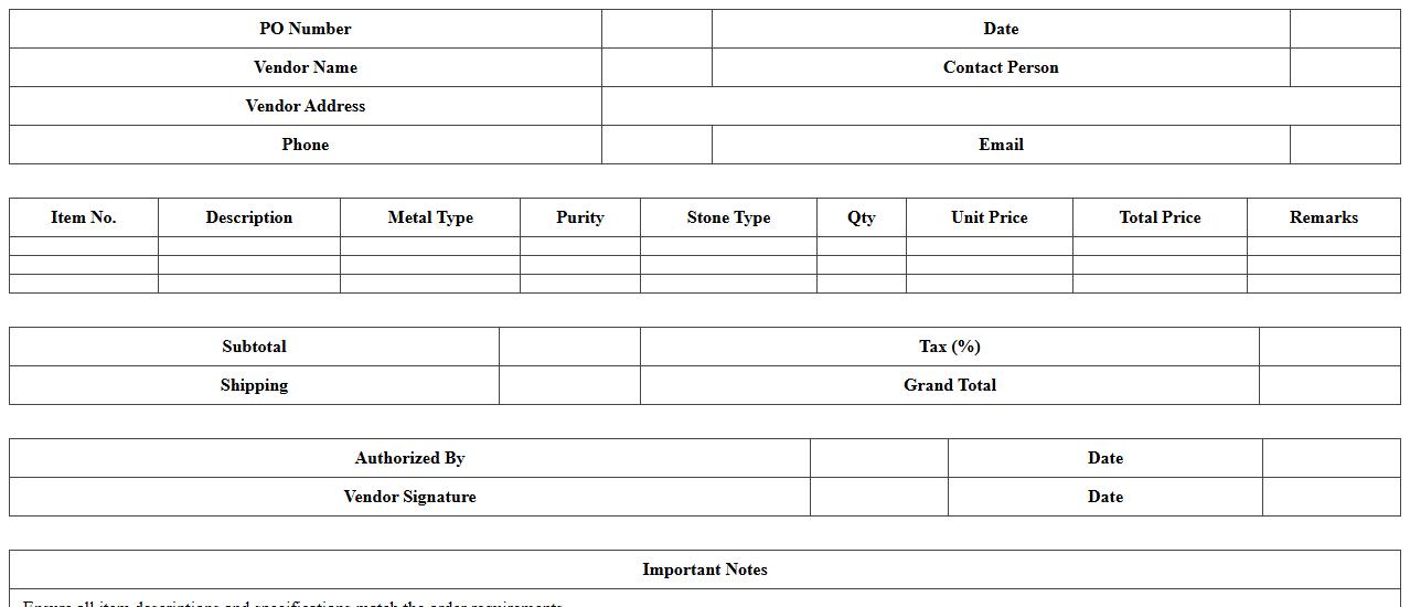 Jewelry Retail Purchase Order Excel Template for Vendors
