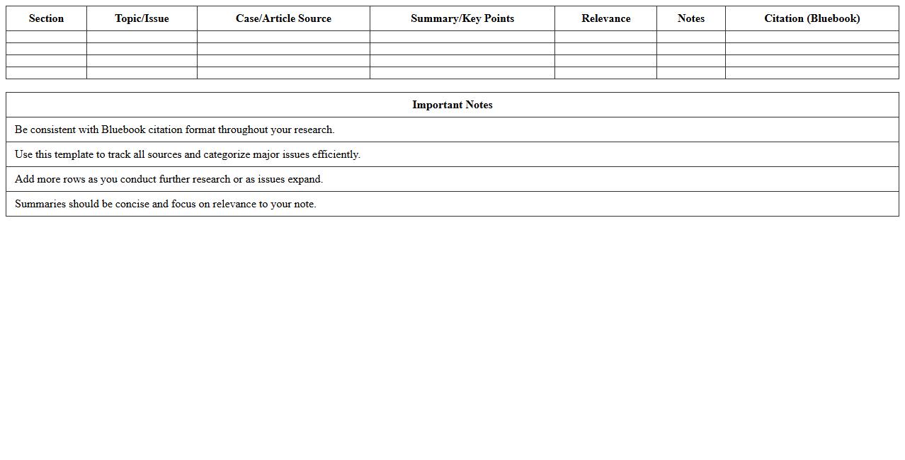 Law Review Note Research Excel Template