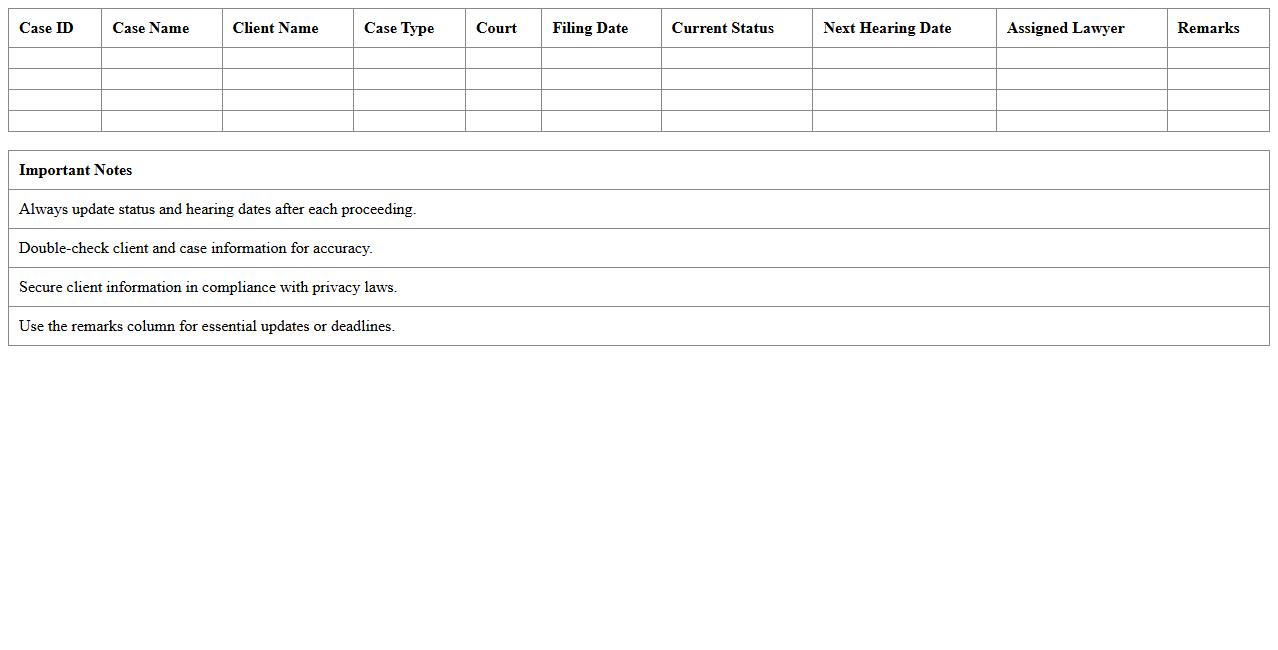 Legal Case Status Overview Spreadsheet