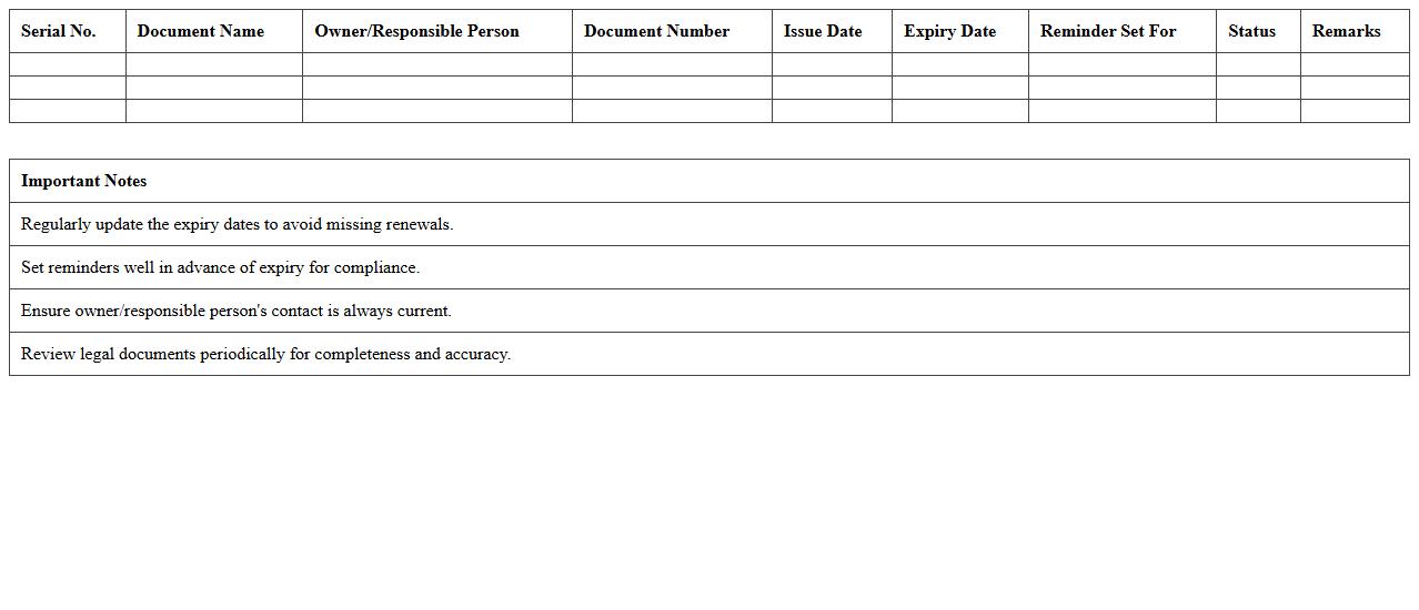 Legal Document Expiry Reminder Excel Template