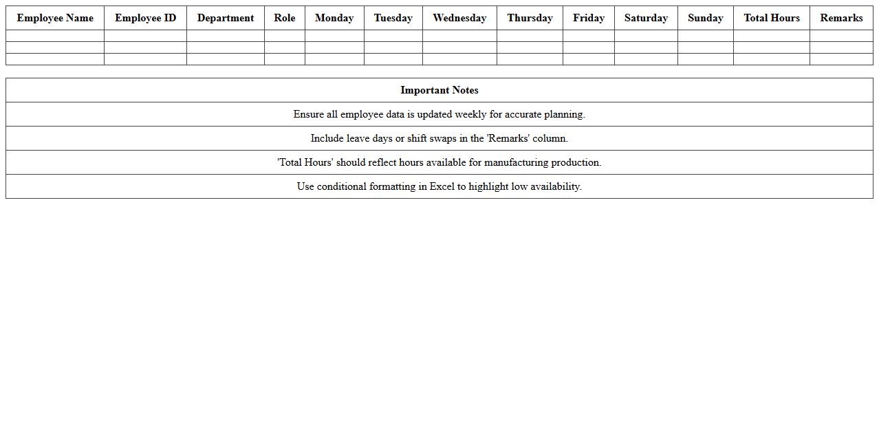 Manufacturing Employee Availability Matrix Spreadsheet