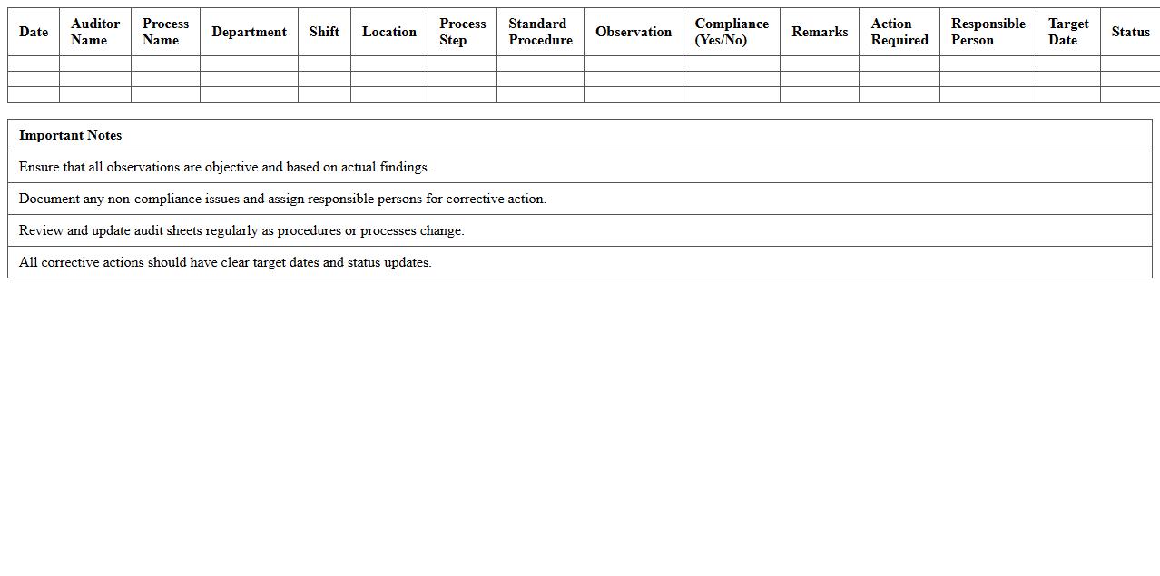 Manufacturing Process Audit Sheet