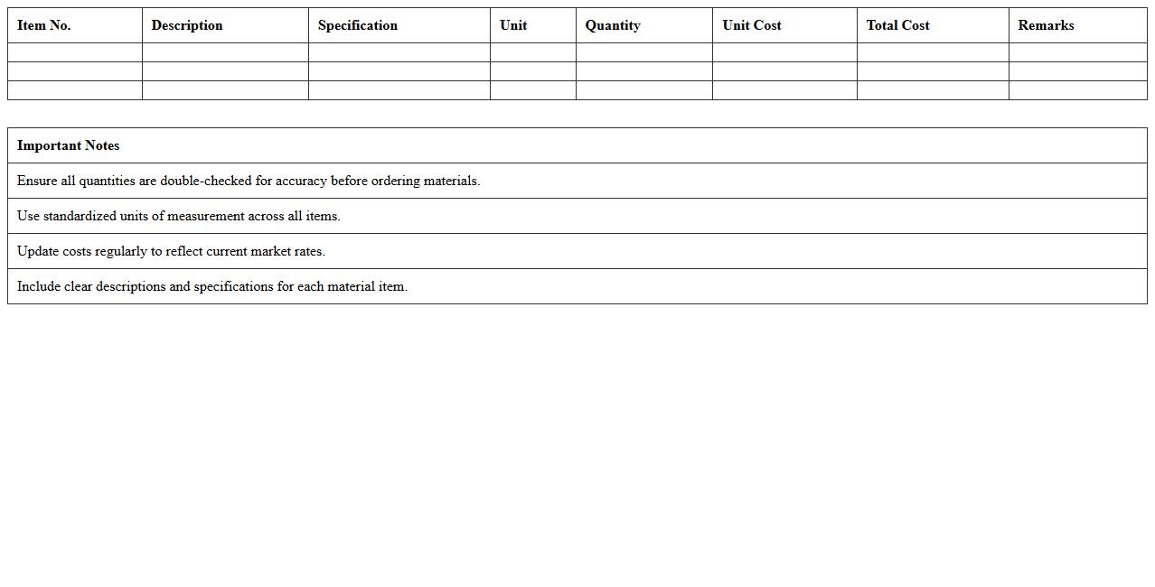 Material Takeoff Excel Template for Project Managers