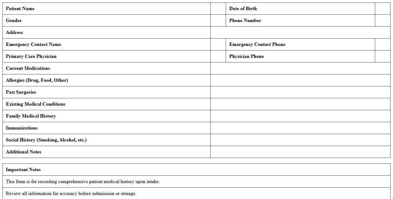 Medical History Intake Form Excel Template