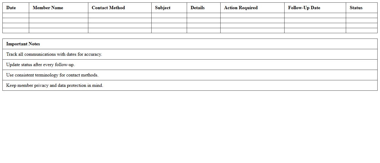 Member Communication Log Excel Template