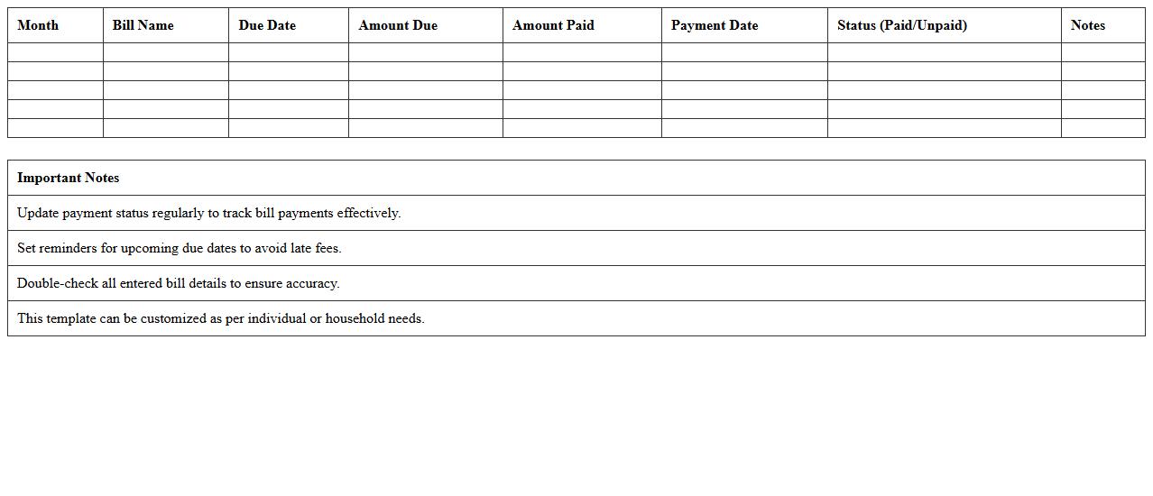 Monthly Bill Payment Tracker Excel Template