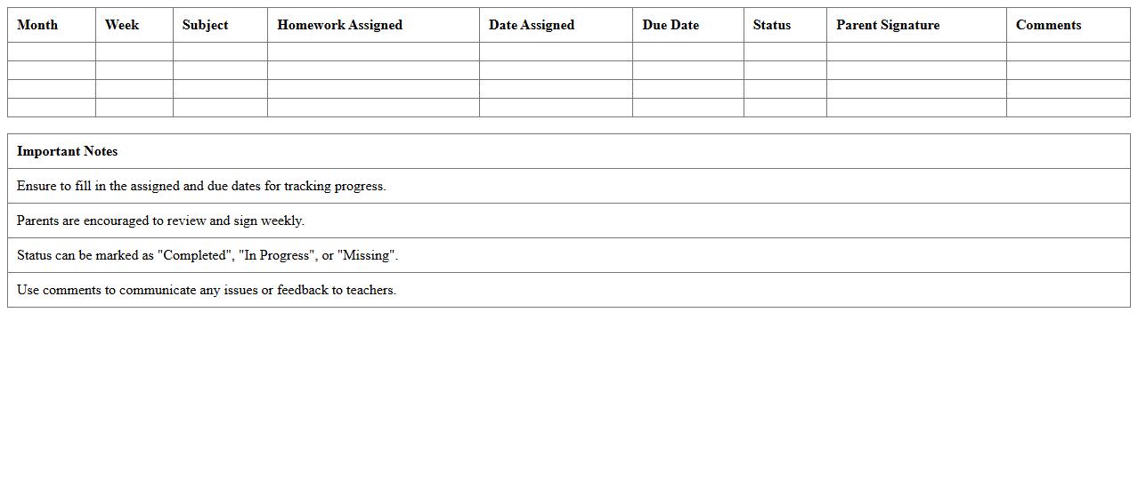 Monthly Homework Overview Excel Sheet for Parents