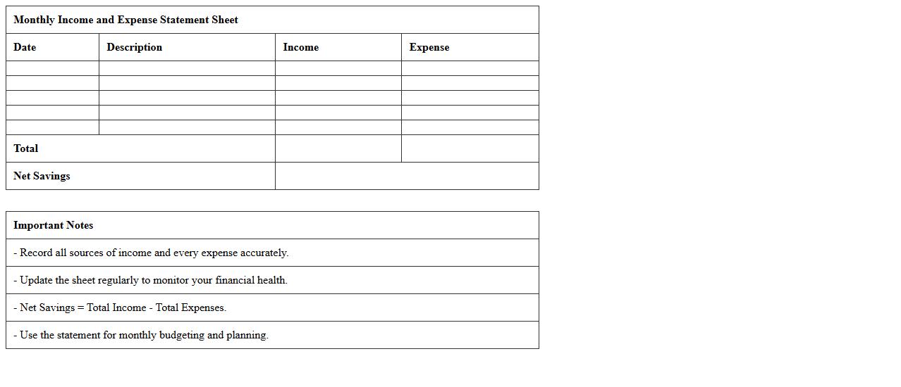 Monthly Income and Expense Statement Sheet