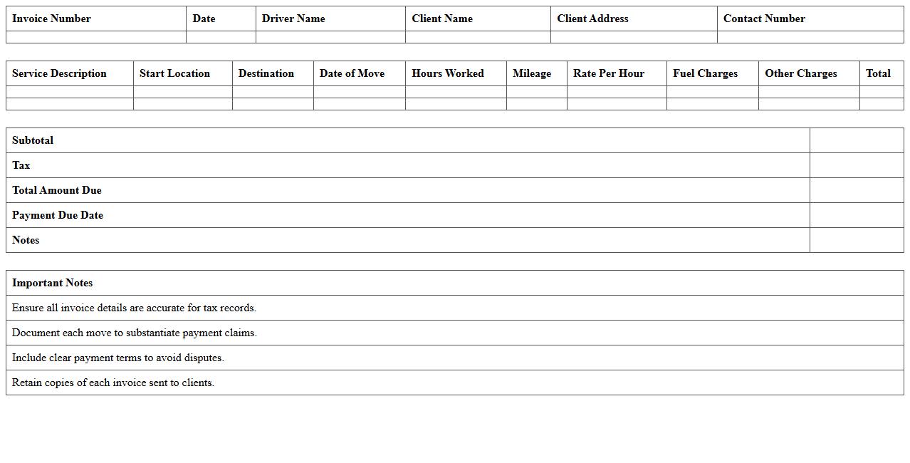 Moving Service Invoice Excel Template for Self-Employed Drivers