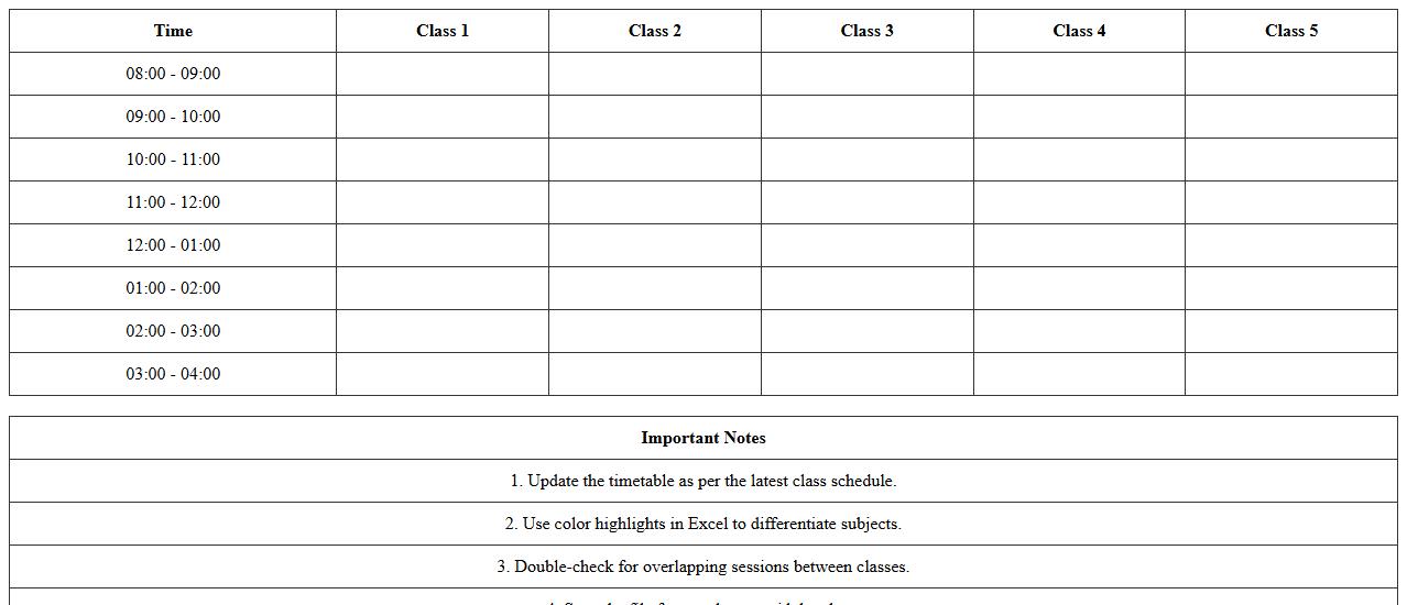 Multi-Class Timetable Organizer Excel File