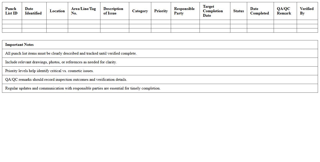 Painting and Coating Punch List Excel Template for QA