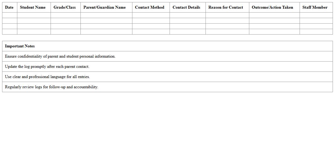 Parent Contact Log Excel Template for School Administrators
