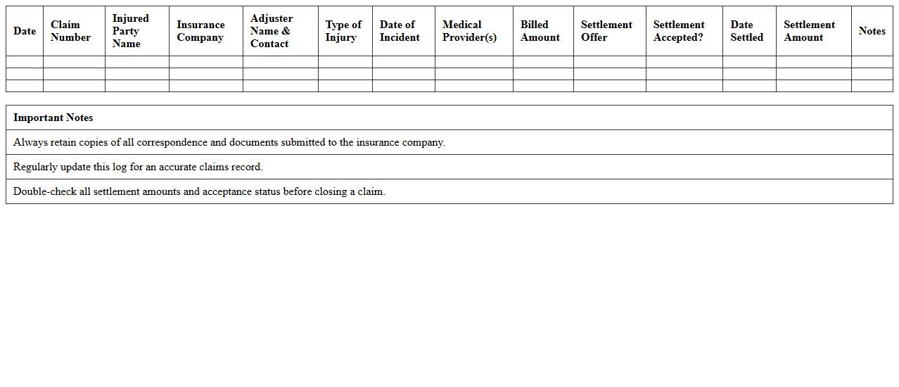 Personal Injury Insurance Settlement Log Spreadsheet