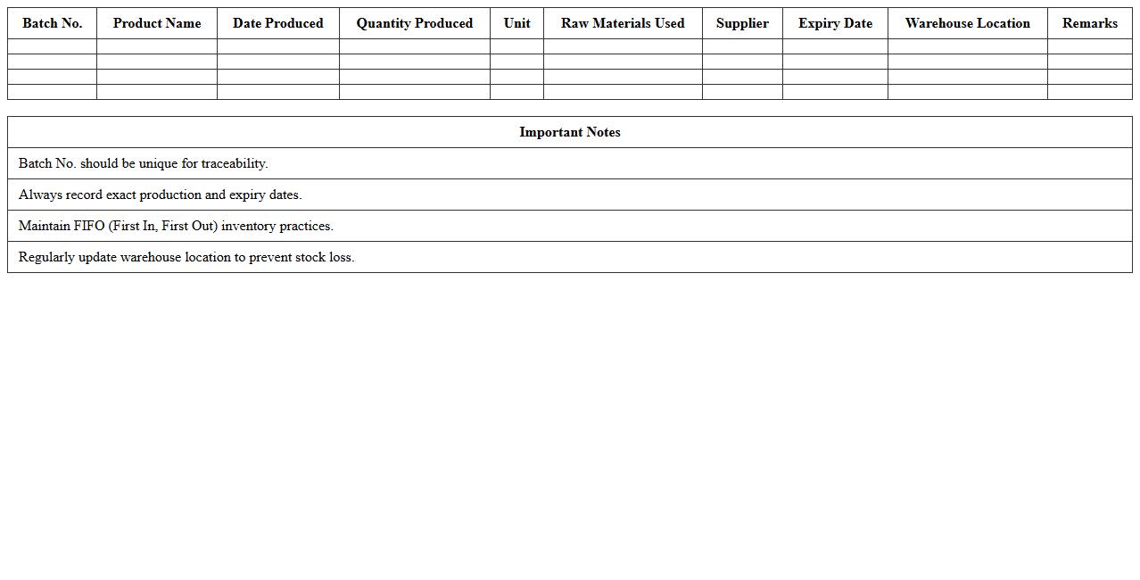 Production Batch Inventory Management Sheet