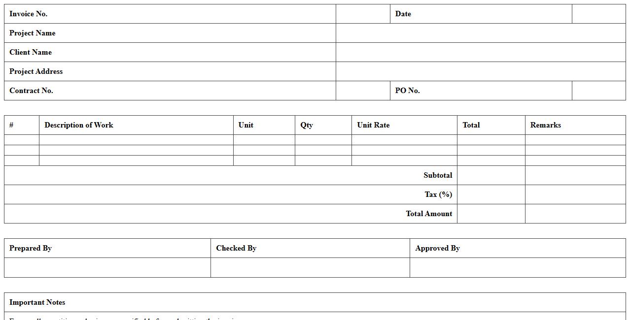 Project-Based Construction Invoice Excel Sheet