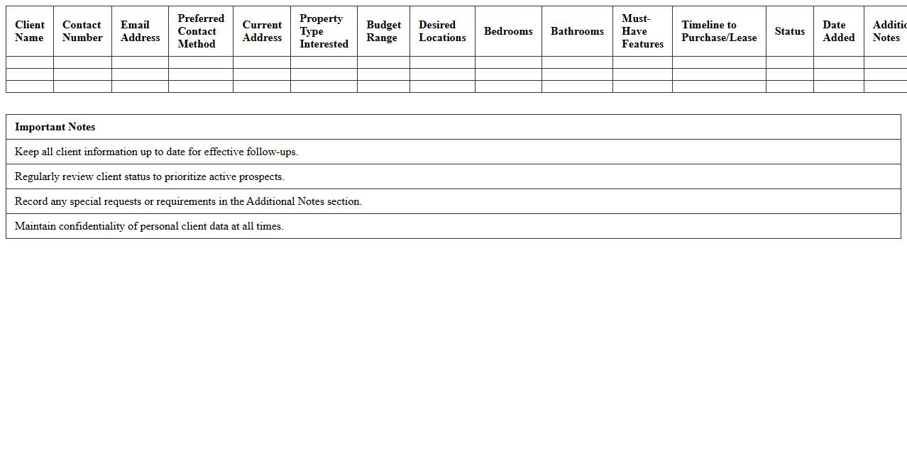 Real Estate Agent Client Profile Spreadsheet