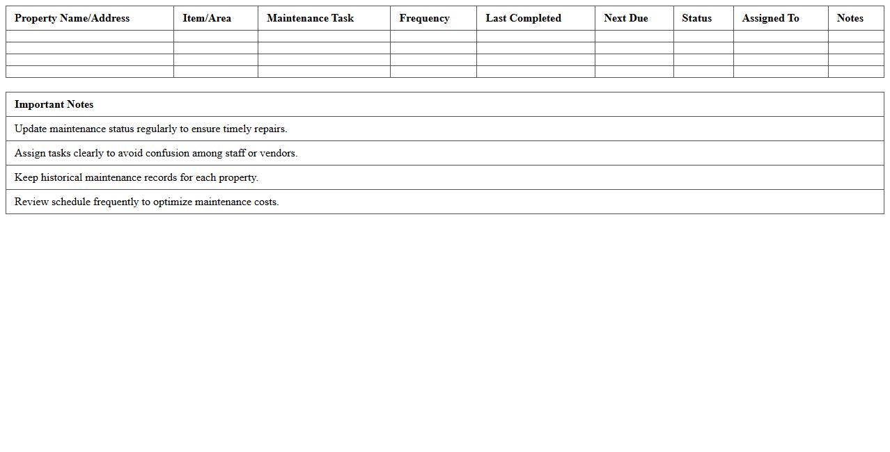 Real Estate Maintenance Schedule Tracker Sheet