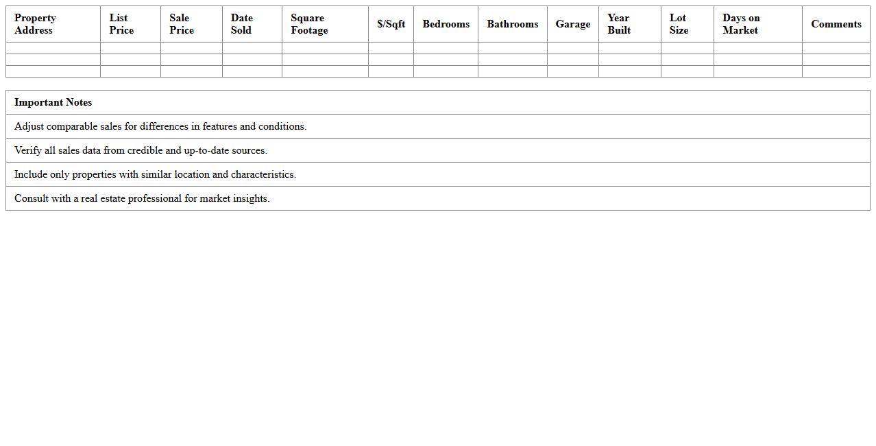 Real Estate Sales Comparison Excel Template