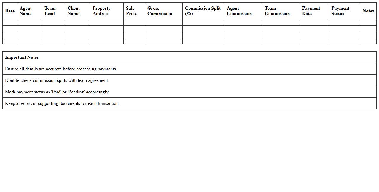 Real Estate Team Commission Payment Sheet Excel