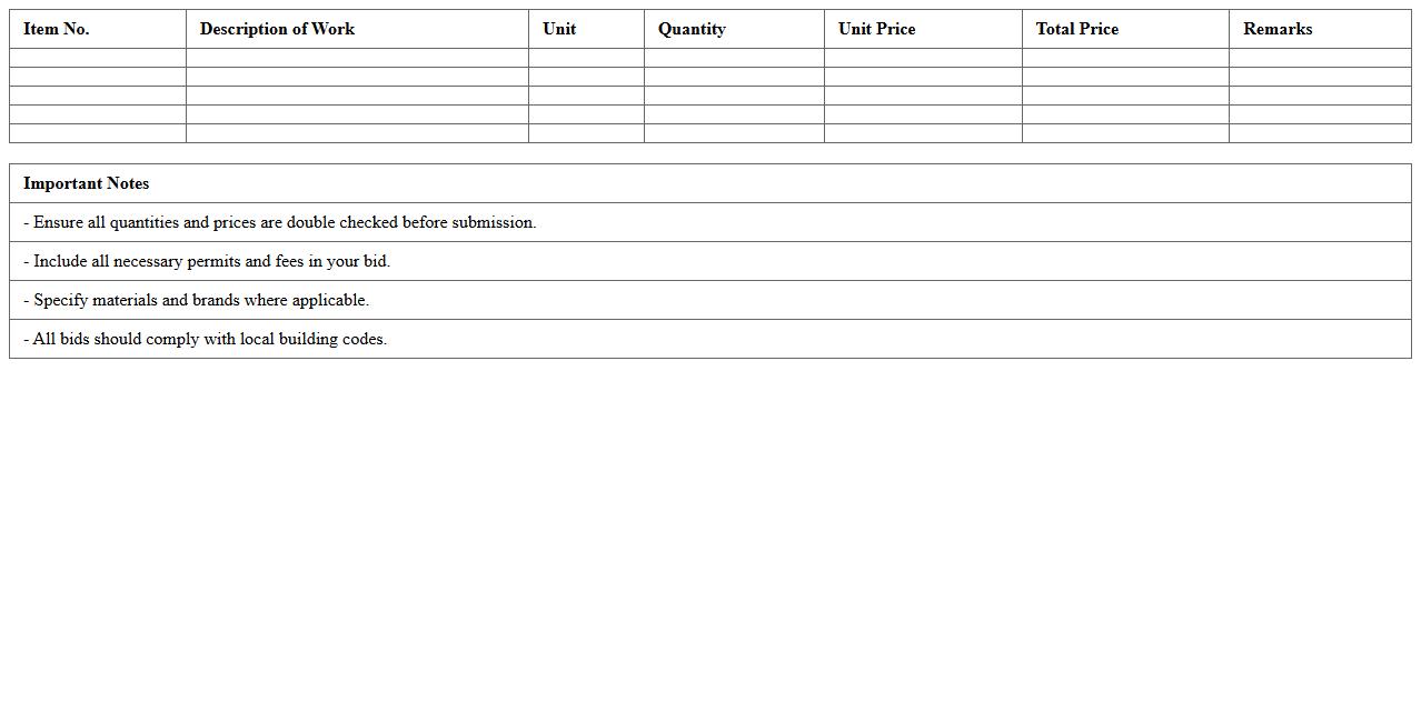 Renovation Project Bidding Sheet in Excel