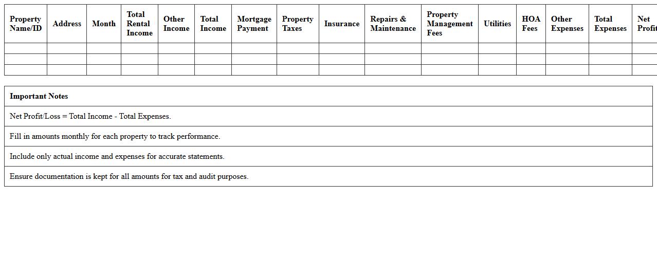 Rental Portfolio Profit & Loss Statement Template