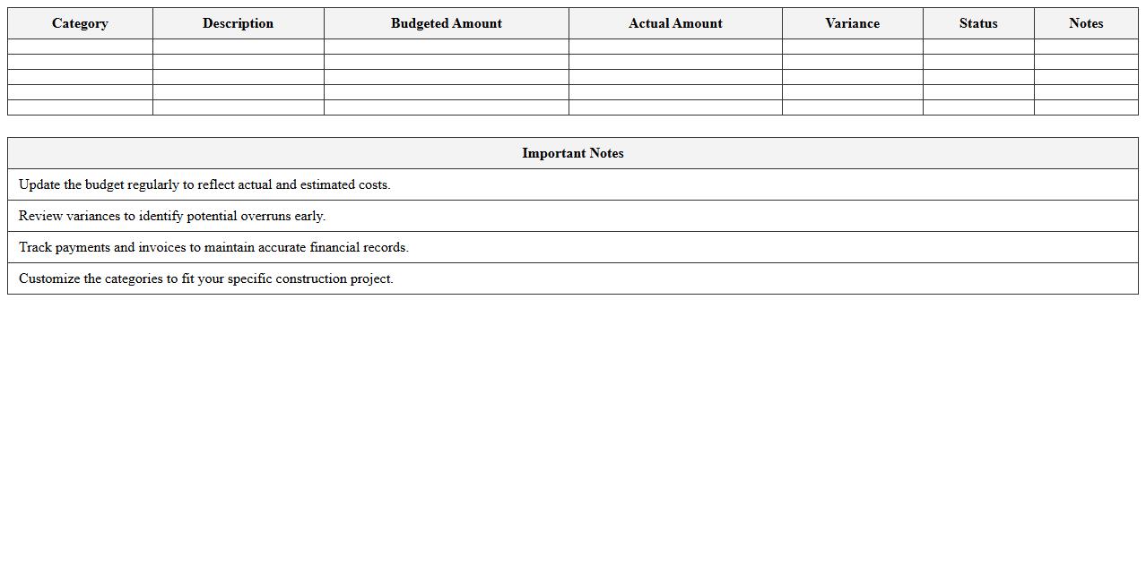 Residential Construction Budget Tracker Excel Template