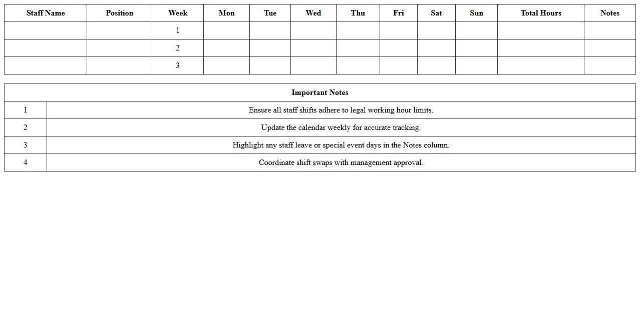 Resort Shift Management Staff Calendar Template
