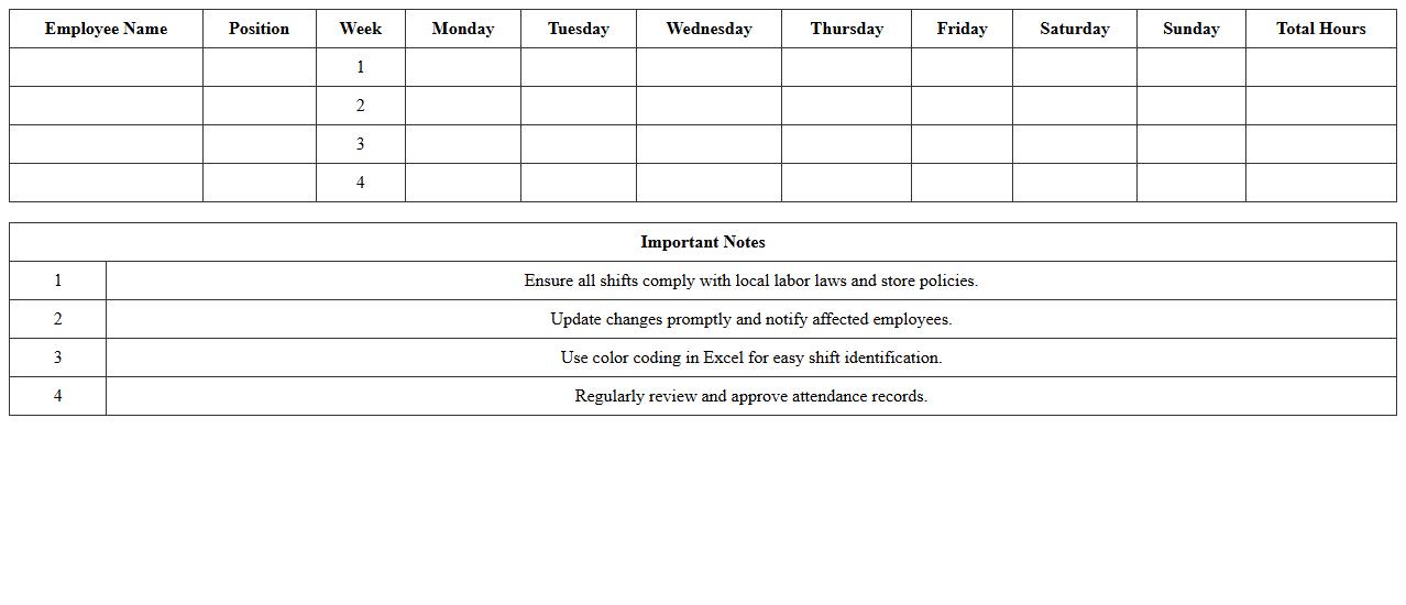 Retail Department Employee Shift Calendar Excel