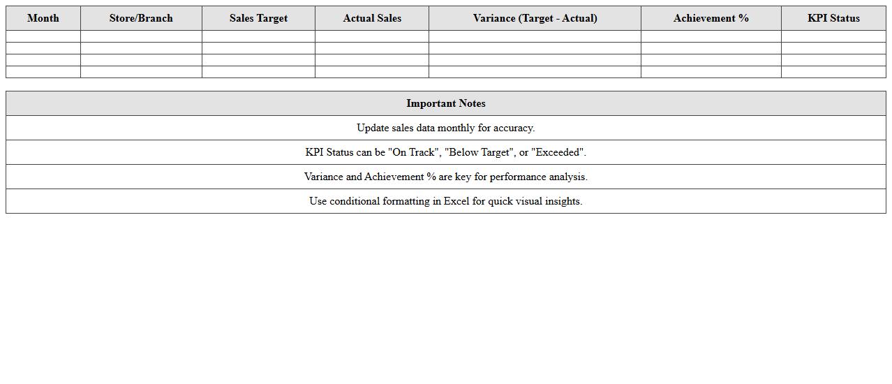 Retail Sales Target vs. Actual KPI Template