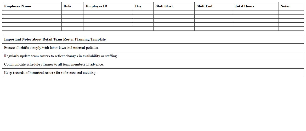 Retail Team Roster Planning Excel Template for Supervisors