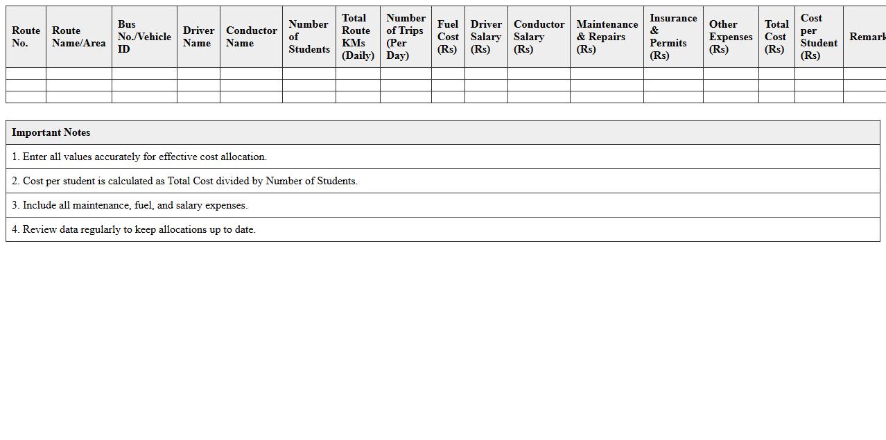 Route-Based School Transport Cost Allocation Sheet