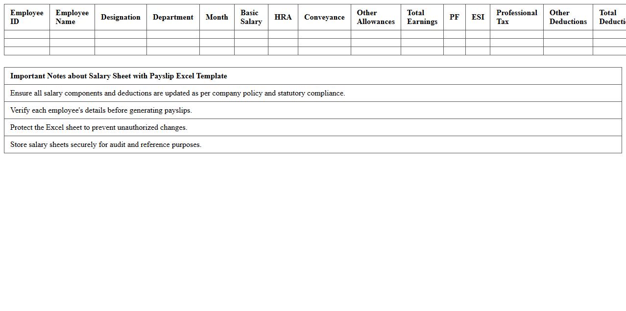 Salary Sheet with Payslip Excel Template
